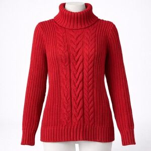 GAP Heavy 100% Cotton Red Cable Knit Chunky Turtleneck Sweater XL Cottagecore